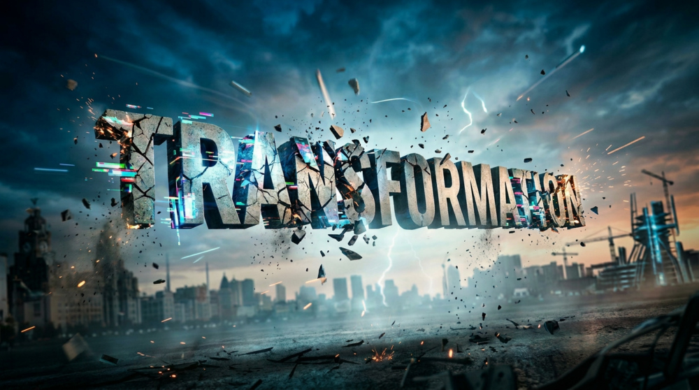 Getting better 8 The word “TRANSFORMATION” appears as a giant three-dimensional concrete structure suspended in mid-air as it violently shatters and breaks apart. Debris, sparks and fragments explode outward against a dramatic storm-filled sky with lightning in the background. A modern city skyline sits beneath the collapsing word, creating a sense of instability, disruption and uncertainty. NHS improvement versus transformation