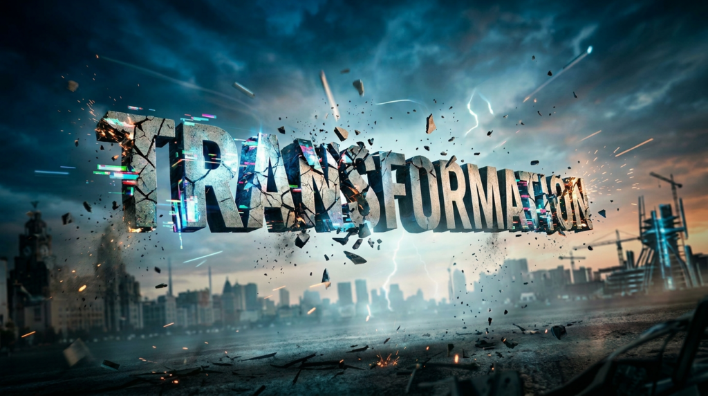 The word “TRANSFORMATION” appears as a giant three-dimensional concrete structure suspended in mid-air as it violently shatters and breaks apart. Debris, sparks and fragments explode outward against a dramatic storm-filled sky with lightning in the background. A modern city skyline sits beneath the collapsing word, creating a sense of instability, disruption and uncertainty. NHS improvement versus transformation