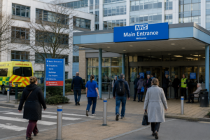 Patients, visitors and NHS staff entering the main entrance of a large NHS general hospital during a routine weekday. NHS waiting list management