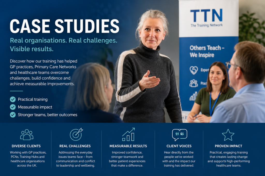 Lindsay Dubock delivers a training session to a group of healthcare professionals in a modern learning environment. A large presentation titled Case Studies highlights how The Training Network has helped GP practices, Primary Care Networks, Training Hubs and healthcare organisations overcome challenges, strengthen leadership, improve communication and achieve measurable organisational improvements. A branded TTN banner is visible in the background, reinforcing the professional training setting. Healthcare Training Case Studies