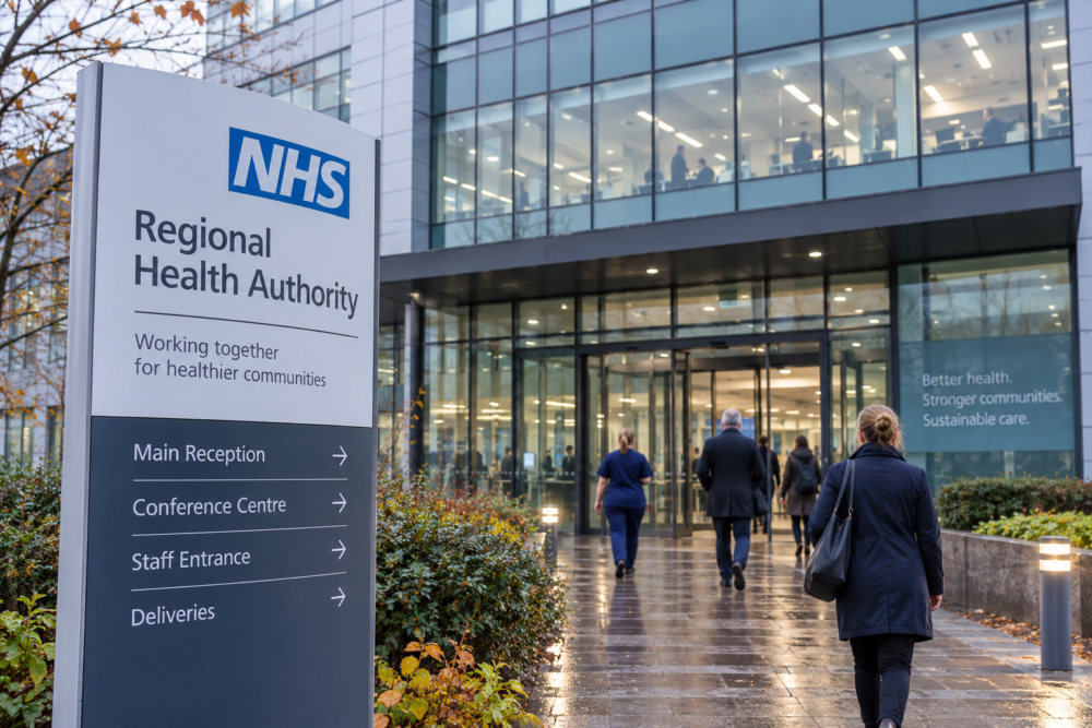 The Missing Middle 8 Modern NHS regional health authority headquarters with staff entering the main reception, illustrating regional NHS leadership and healthcare system management. NHS missing middle