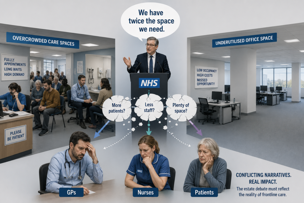 Senior NHS leader speaking at a podium as overcrowded GP consulting rooms contrast with empty office space, illustrating conflicting messages about NHS estate capacity. Penny Dash primary care estate