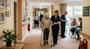 Care worker assisting an elderly resident using a walking frame in a residential care home corridor in England. social care funding reform