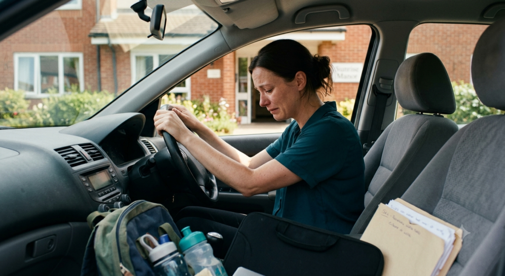 A working mother sits in her parked car outside a UK care home, overcome with emotion after visiting her mother with dementia while balancing work and family responsibilities. Andy Burnham social care reform