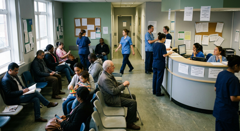 Busy NHS community health centre waiting area with patients seated while nurses and clinical staff move between reception and consulting rooms. NHS Neighbourhood Health