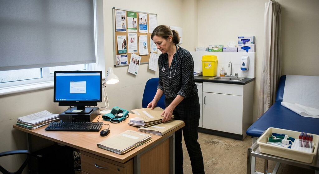Female GP prepares for the working day in a GP consultation room, with a computer, examination couch and blood sample tubes visible. NHS prostate cancer PSA testing policy
