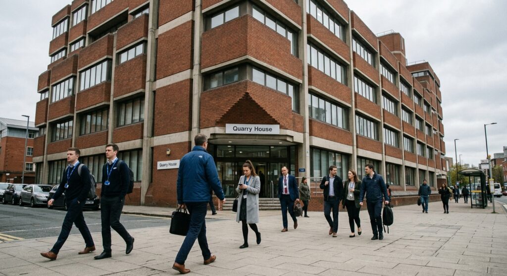 Staff outside Quarry House in Leeds, the NHS’s northern headquarters. NHS devolution and regional power
