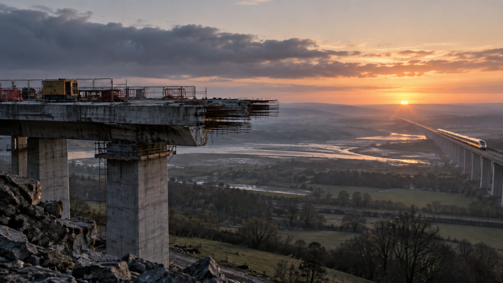 Unfinished concrete bridge ending abruptly above a valley while a high-speed train races along a separate track towards the distant horizon. AI transformation in the NHS