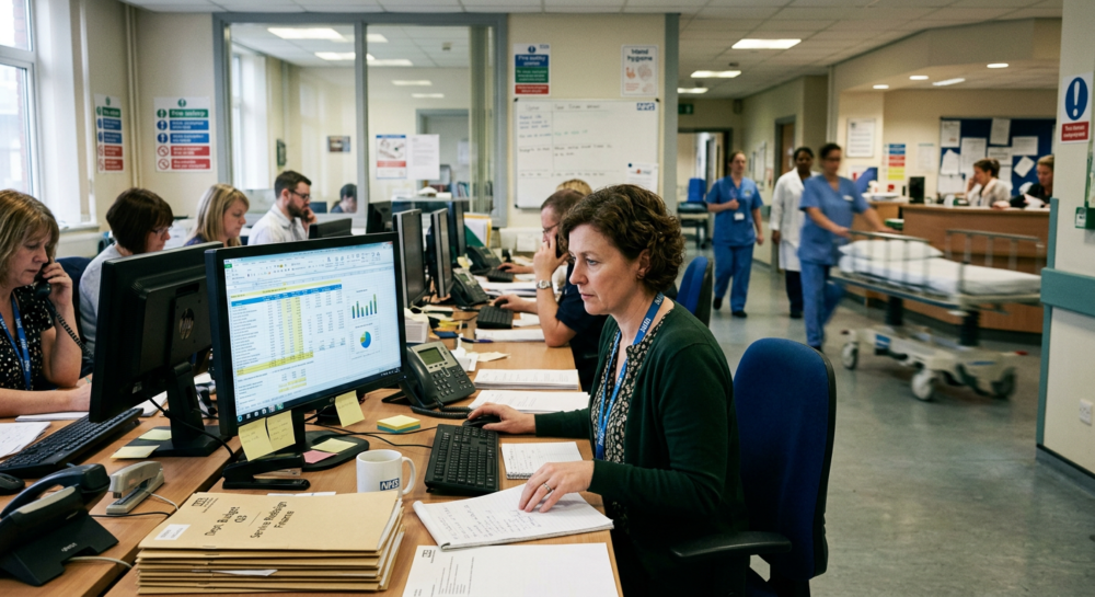 Spreadsheet 3 NHS finance staff working on spreadsheets in a hospital office beside a busy clinical ward. NHS pension contribution £5.4bn saving