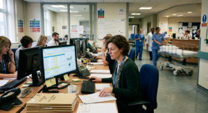 NHS finance staff working on spreadsheets in a hospital office beside a busy clinical ward. NHS pension contribution £5.4bn saving