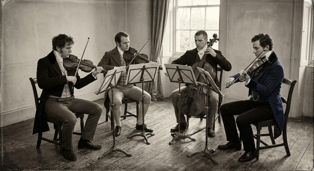 Four classical musicians performing a string quartet in a nineteenth-century rehearsal room, illustrating Baumol’s cost disease and the limits of NHS productivity. NHS productivity and patient pathways