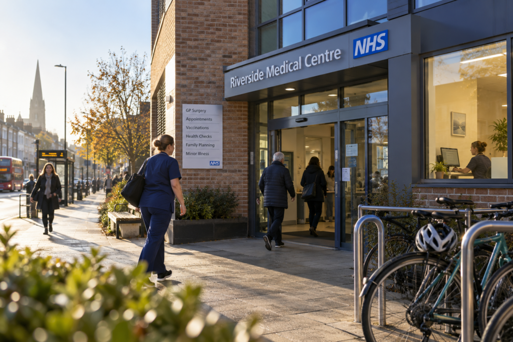 Early-morning scene outside a busy NHS GP surgery, with staff and patients arriving, bicycles parked by the entrance and warm light from a consulting-room window. NHS performance improvement
