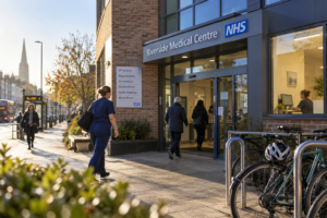 Early-morning scene outside a busy NHS GP surgery, with staff and patients arriving, bicycles parked by the entrance and warm light from a consulting-room window. NHS performance improvement